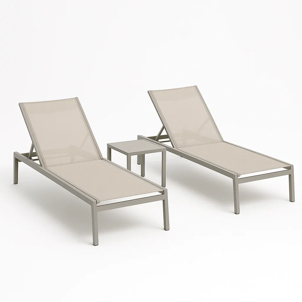 Sdraio in alluminio con tavolino, set di 3 pezzi, colore beige chiaro e grigio chiaro metallizzato - BELLOINTERIOR