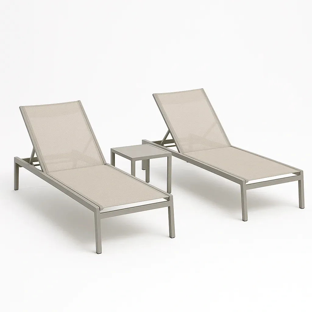 Sdraio in alluminio con tavolino, set di 3 pezzi, colore beige chiaro e grigio chiaro metallizzato - BELLOINTERIOR
