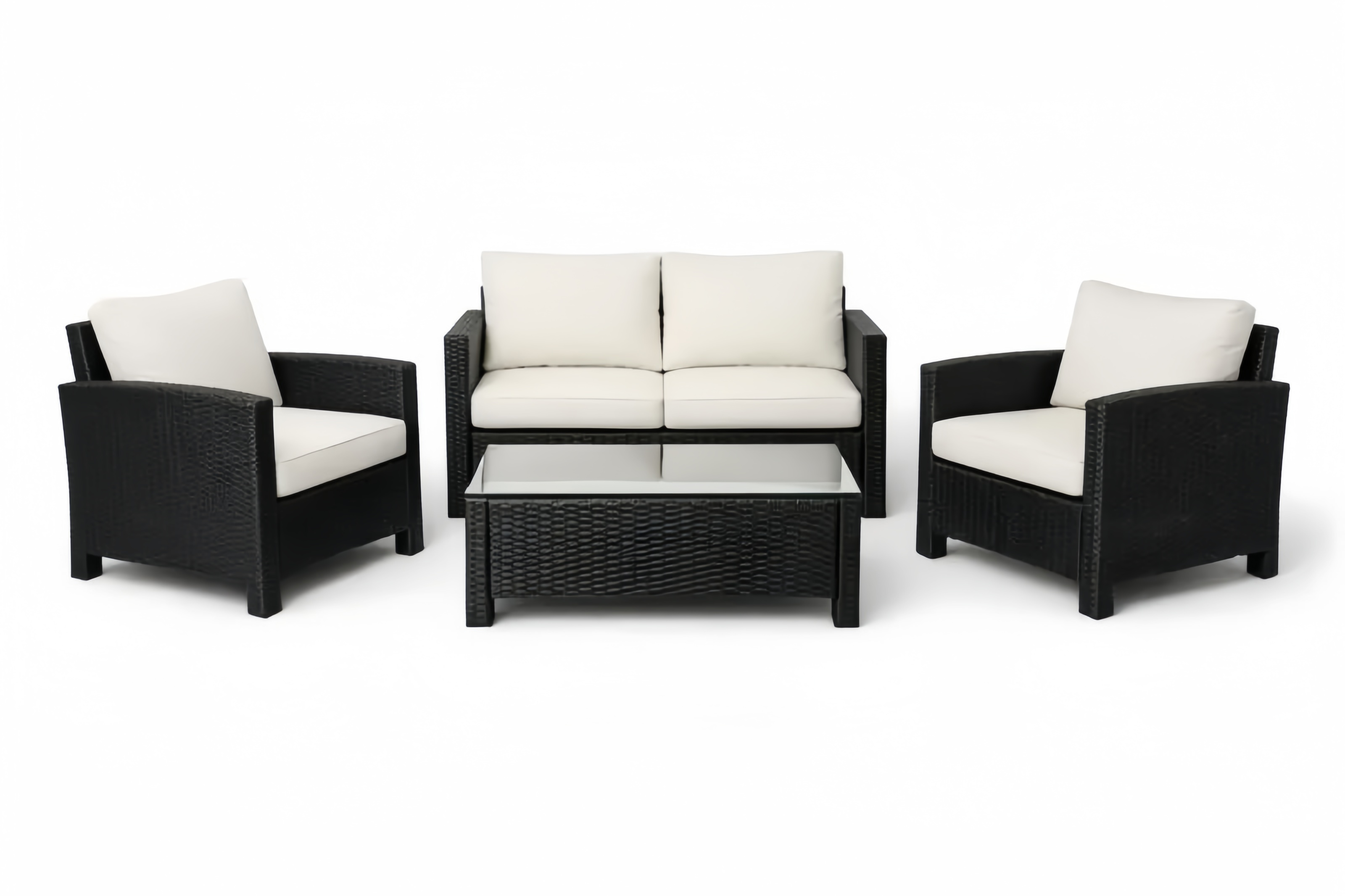 Set salotto da esterno in rattan sintetico nero con cuscini bianchi