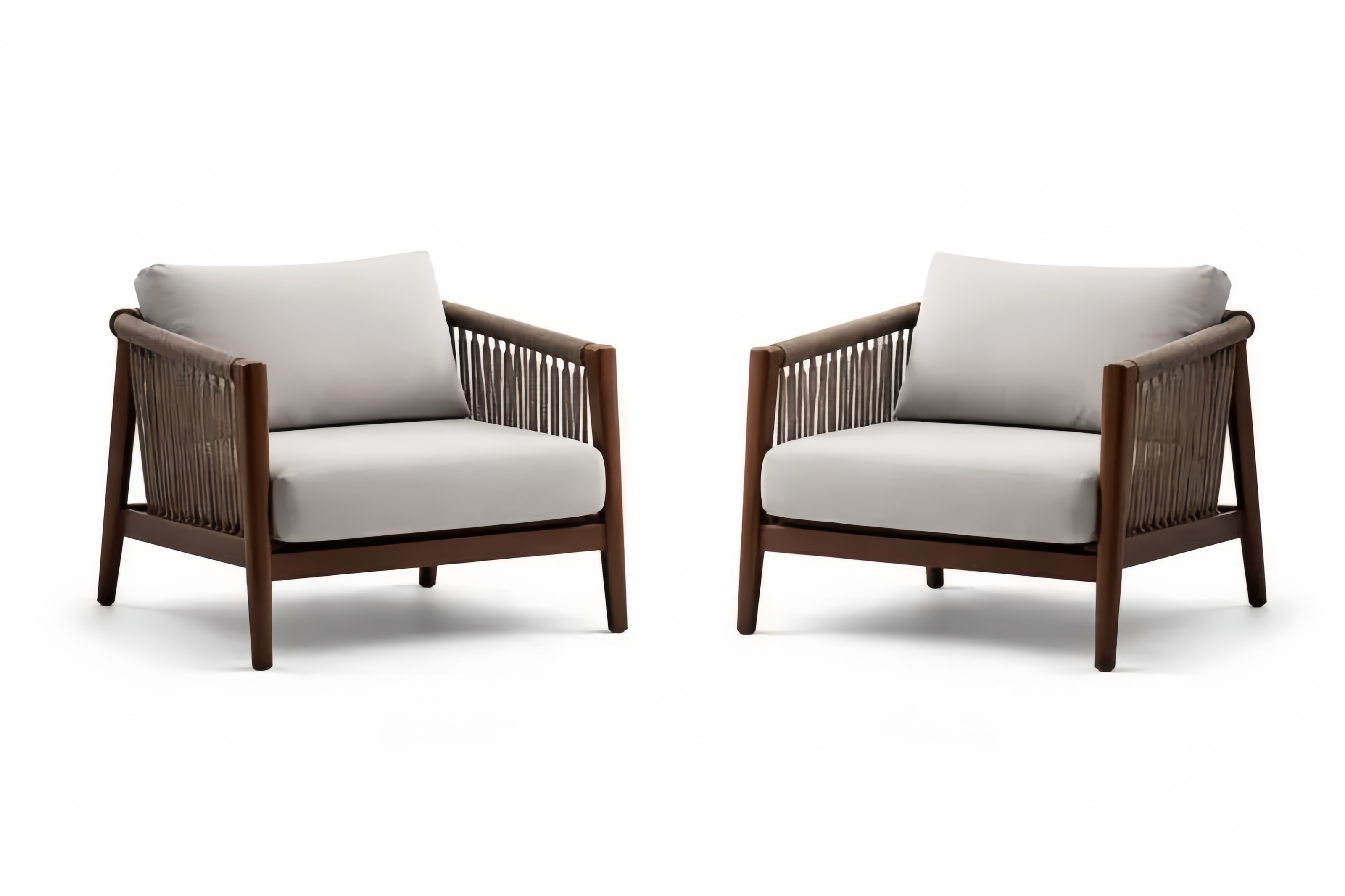 Set di 2 poltrone in legno e corda con cuscini grigi