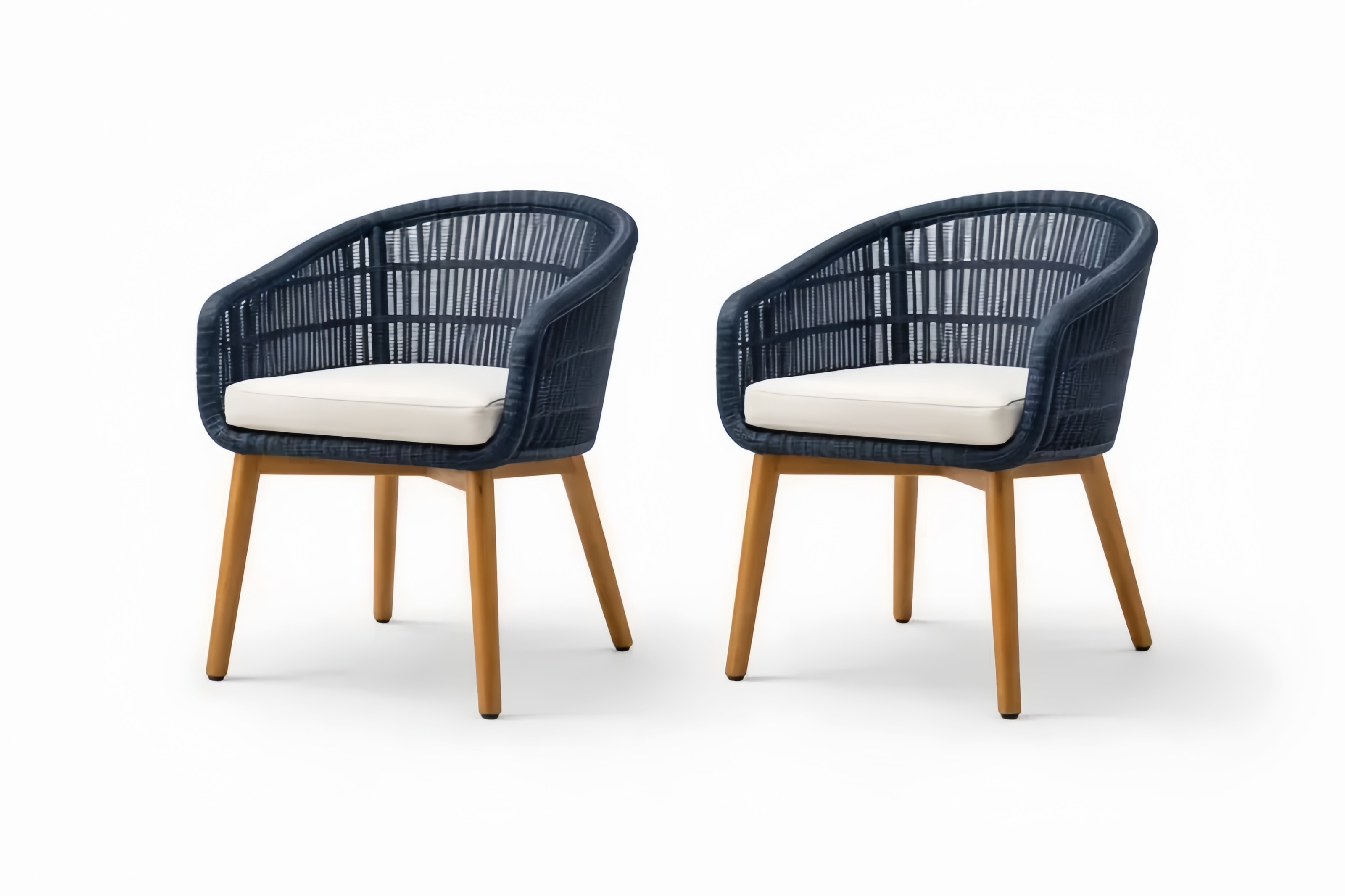 Set di 2 Sedie in Rattan Sintetico Blu e Legno di Teak con Cuscini Bianchi