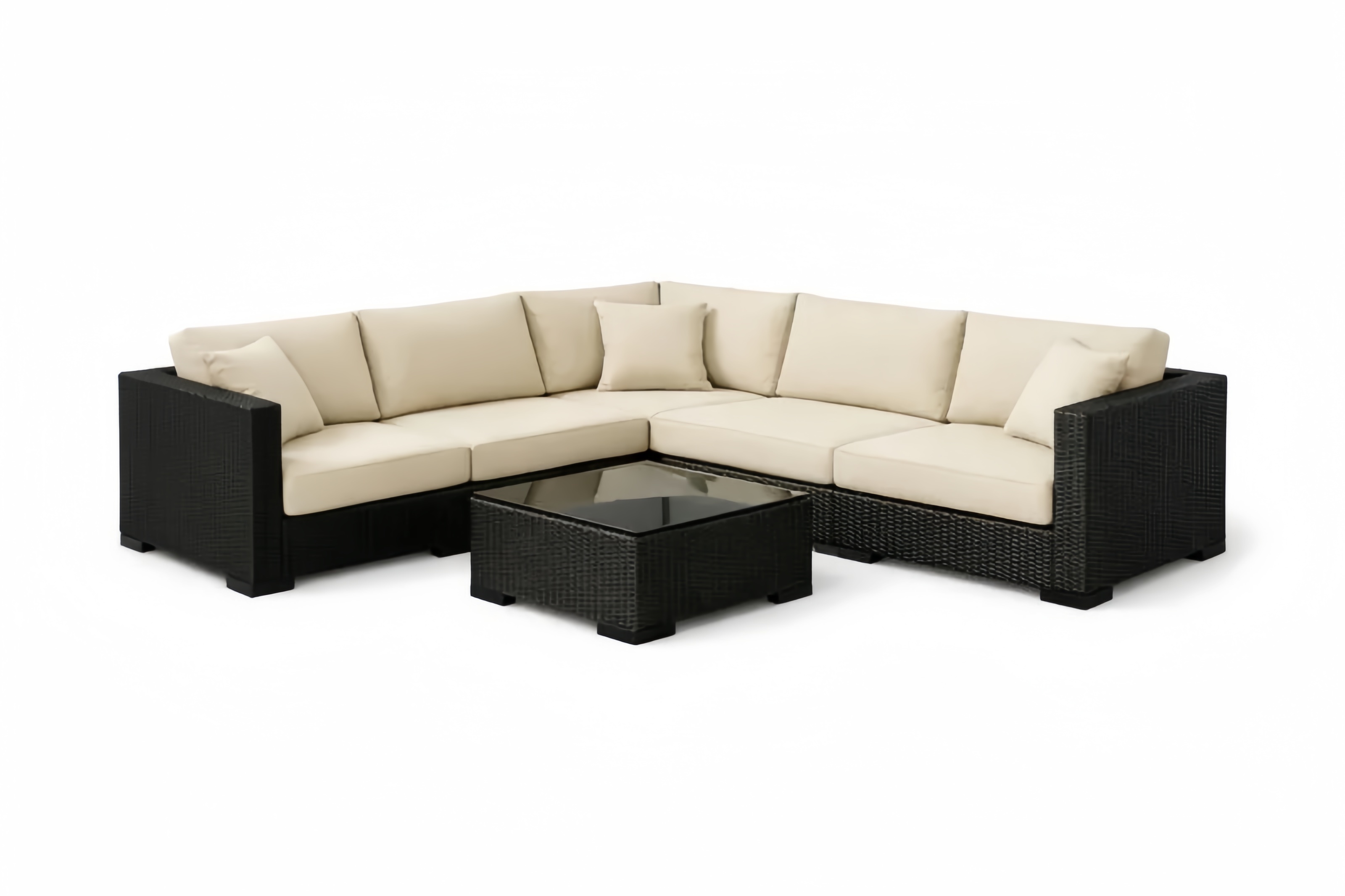 Divano Angolare da Esterno in Rattan con Cuscini in Poliestere Nero e Beige