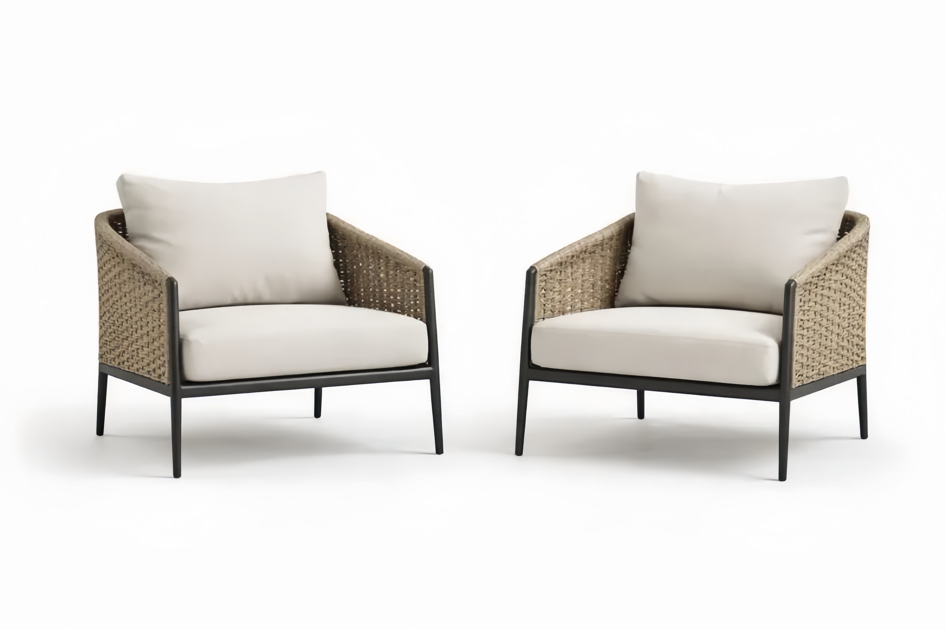 Set di 2 Poltrone in Acciaio e Rattan Sintetico con Cuscini Beige