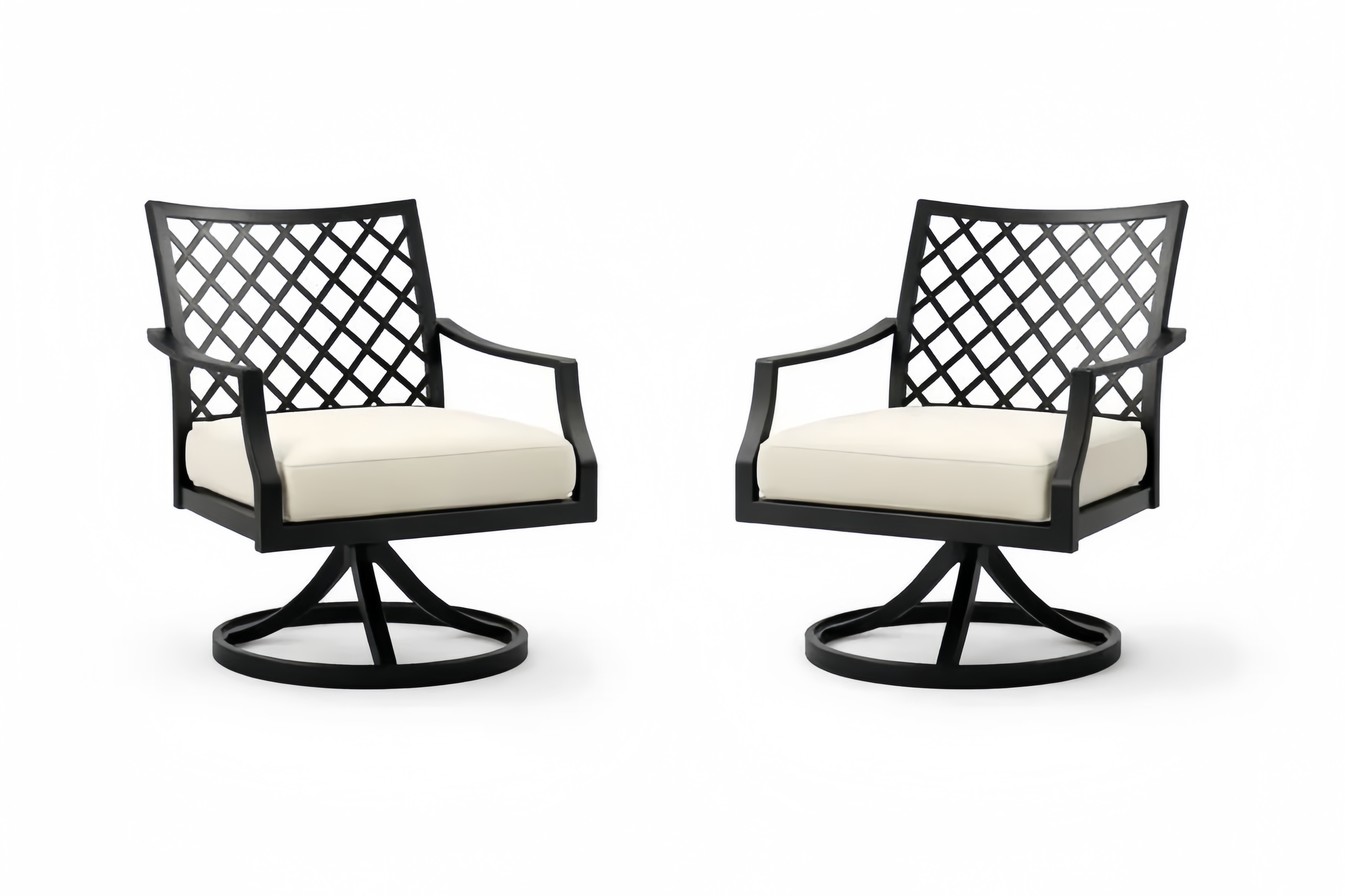 Set di 2 sedie girevoli da giardino in alluminio nero con cuscini in poliestere bianco