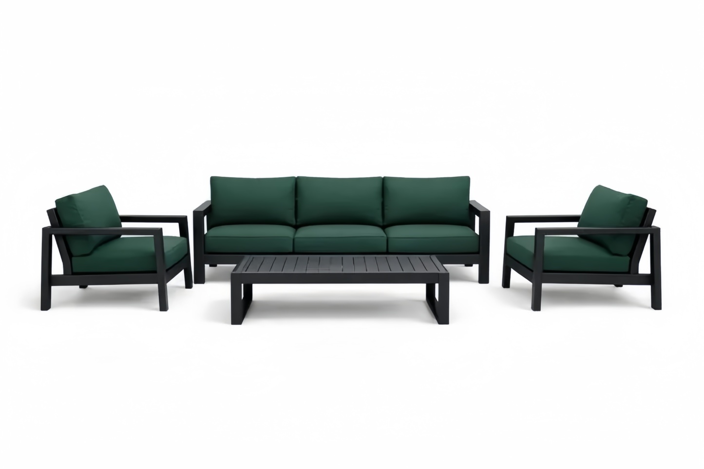 Set divano da giardino in alluminio con cuscini verdi e tavolino nero