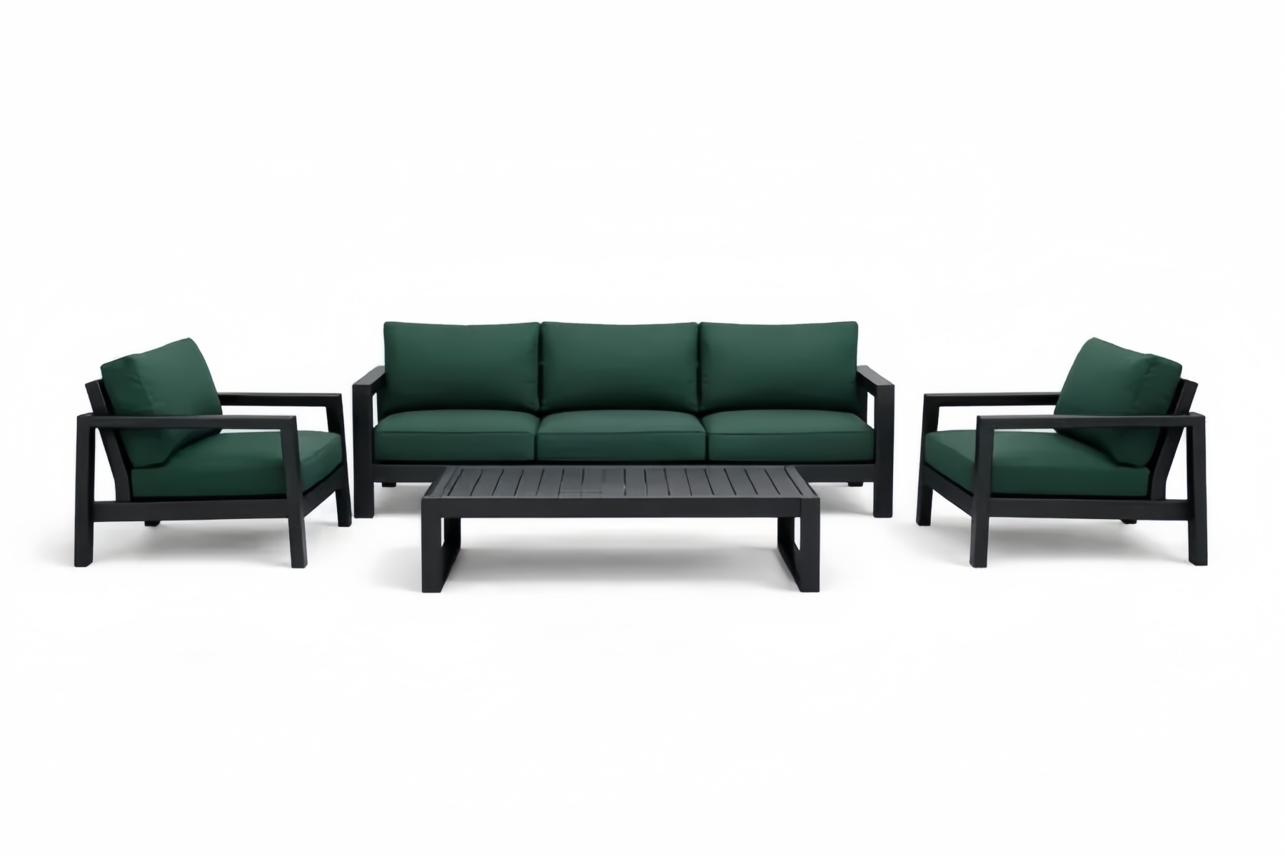 Set divano da giardino in alluminio con cuscini verdi e tavolino nero