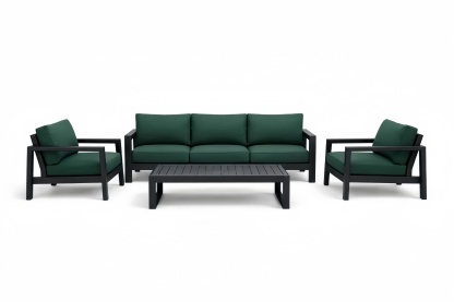 Set divano da giardino in alluminio con cuscini verdi e tavolino nero