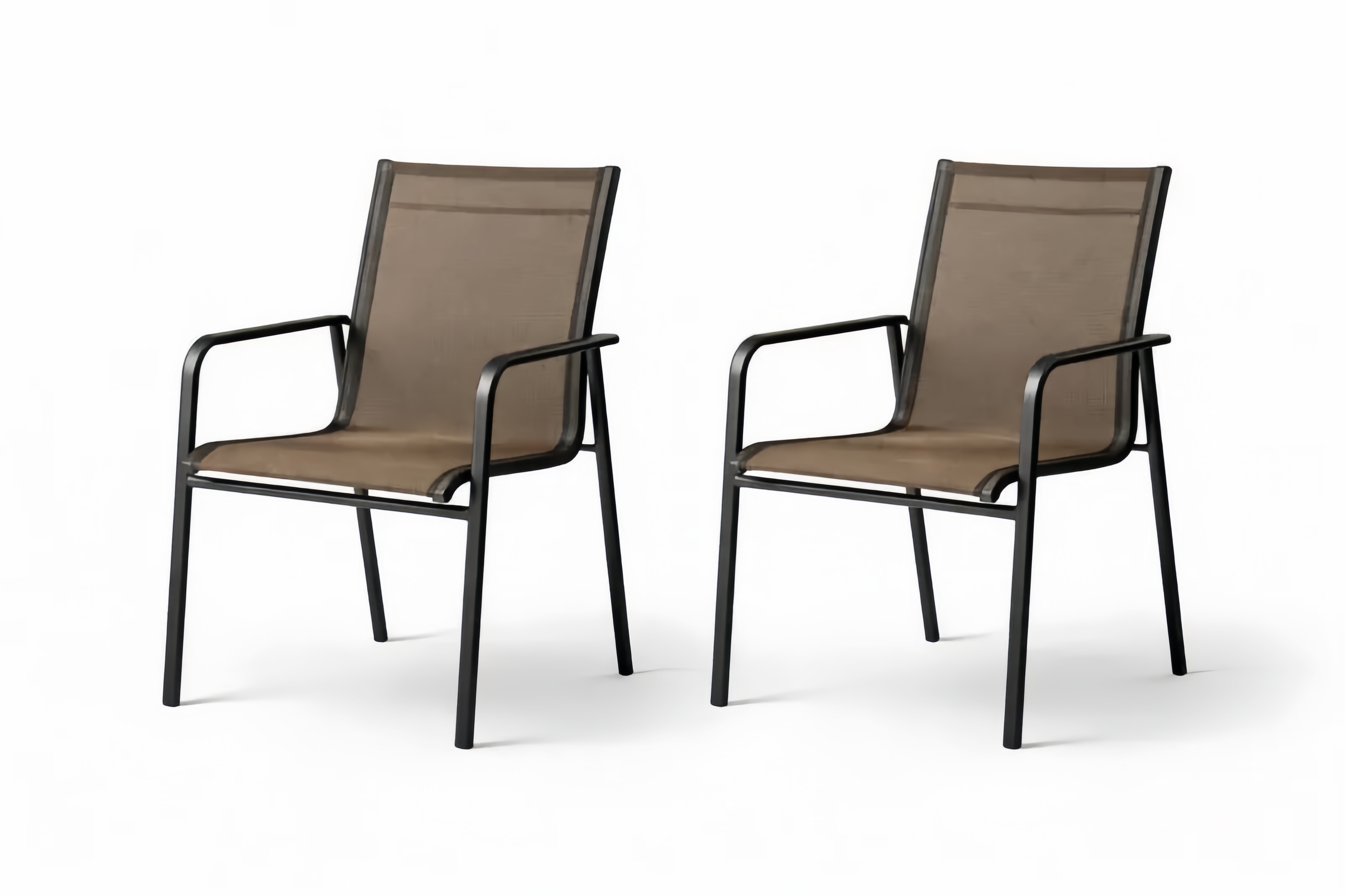 Set 2 Sedie da Giardino con Braccioli Telaio in Acciaio Nero e Seduta in Tessuto Marrone