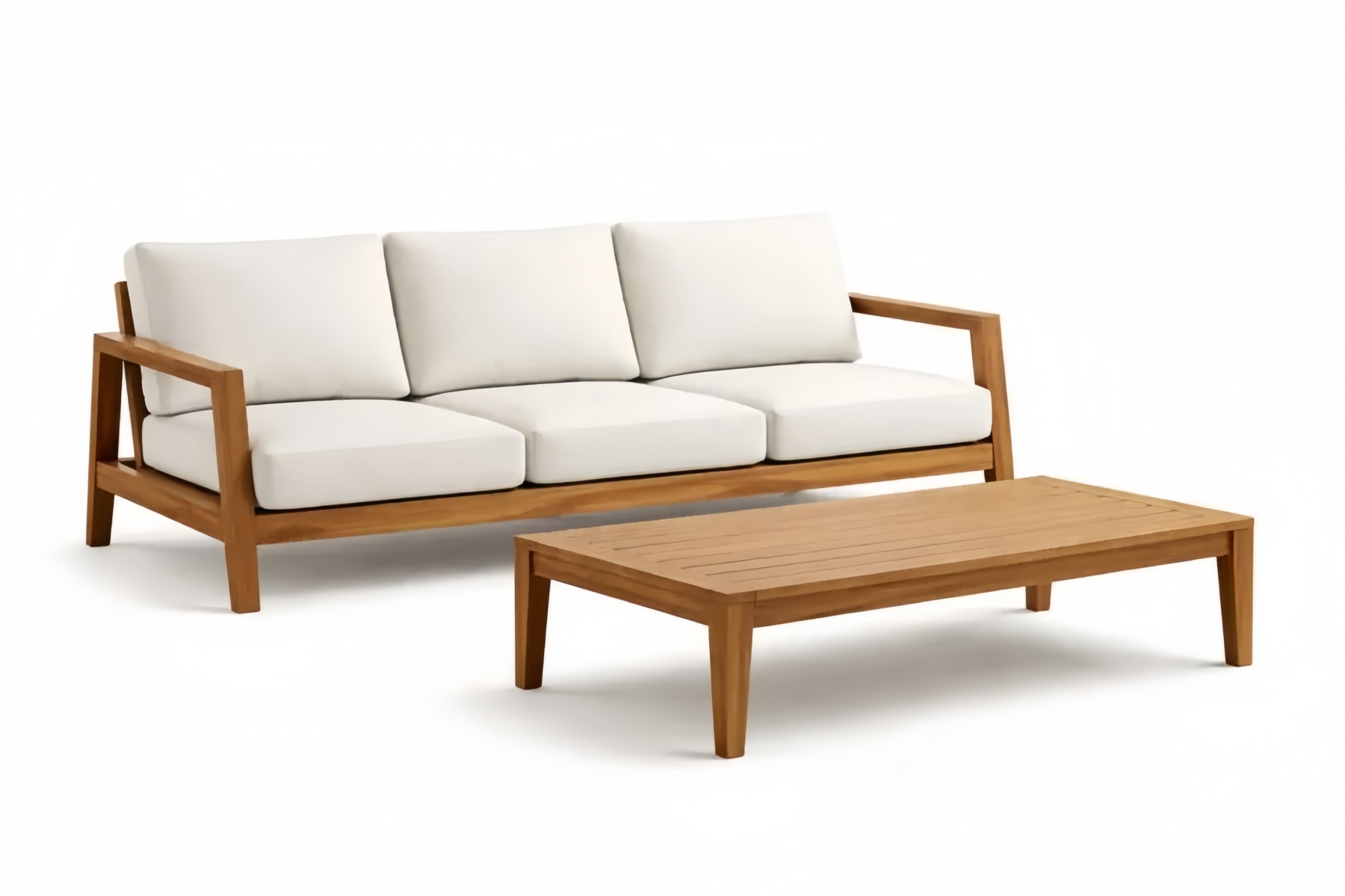 Set Divano e Tavolino in Legno di teak con Cuscini Bianchi