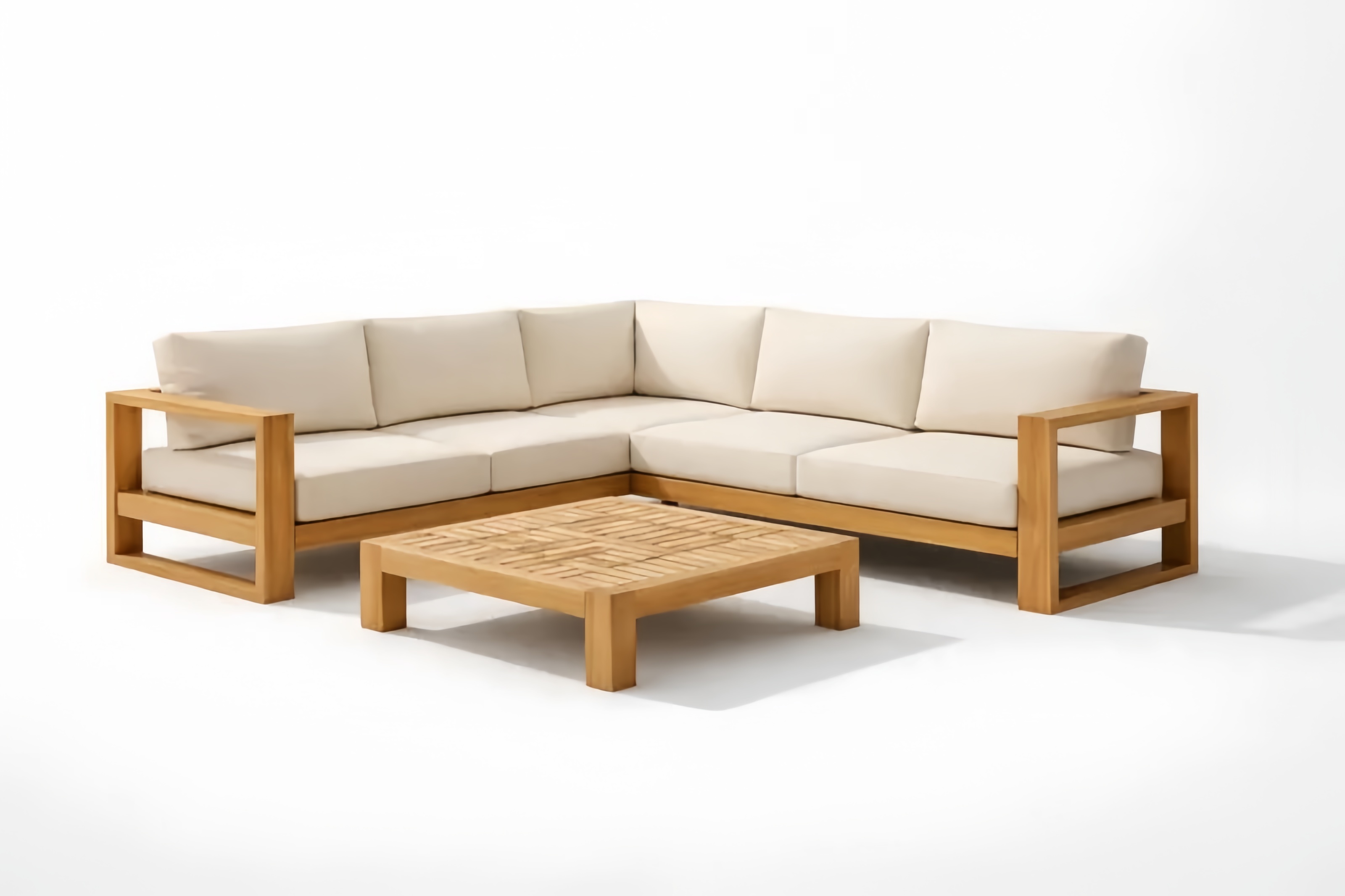 Set Divano Angolare e Tavolino da Esterno in Teak con Cuscini Crema