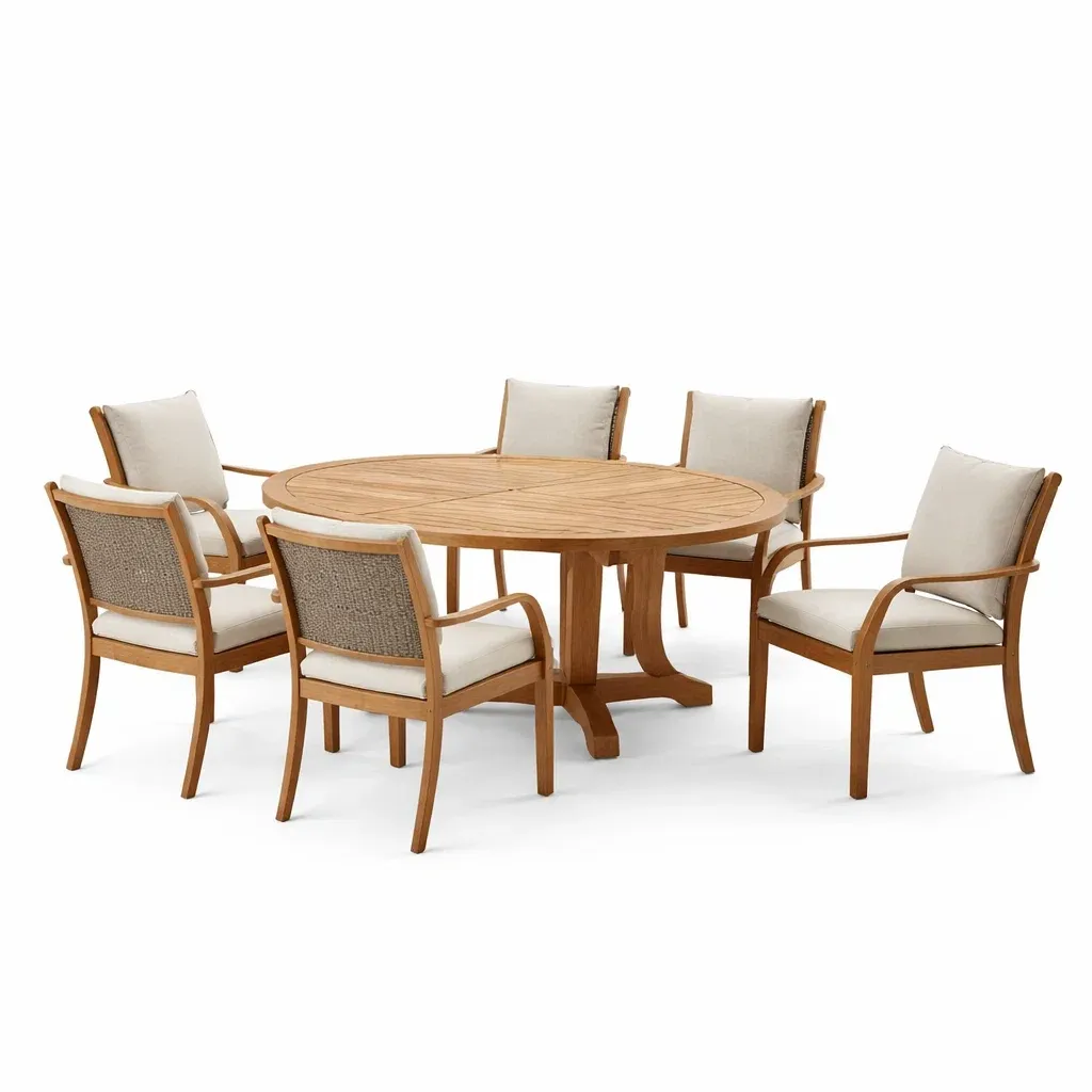 Set tavolo e sedie rotondo in Teak con Sei Sedie Imbottite in Tessuto Beige-COZYNESTZ