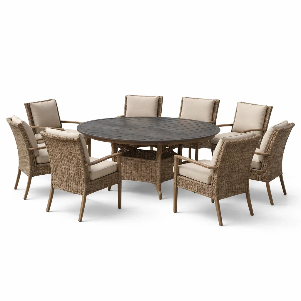 Set tavolo e sedie rotondo in Legno con Otto Sedie in Rattan e Cuscini-COZYNESTZ