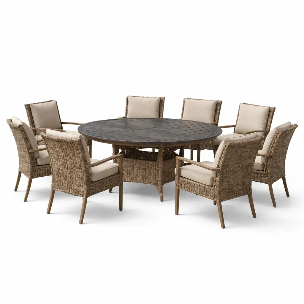 Set tavolo e sedie rotondo in Legno con Otto Sedie in Rattan e Cuscini-COZYNESTZ