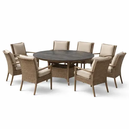 Set tavolo e sedie rotondo in Legno con Otto Sedie in Rattan e Cuscini-COZYNESTZ