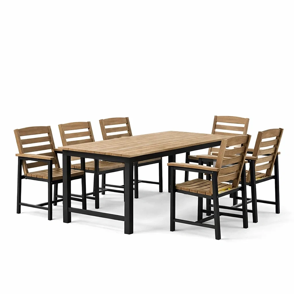 Set tavolo e sedie in Legno di Acacia e Acciaio Marrone e Nero Sette Pezzi-COZYNESTZ