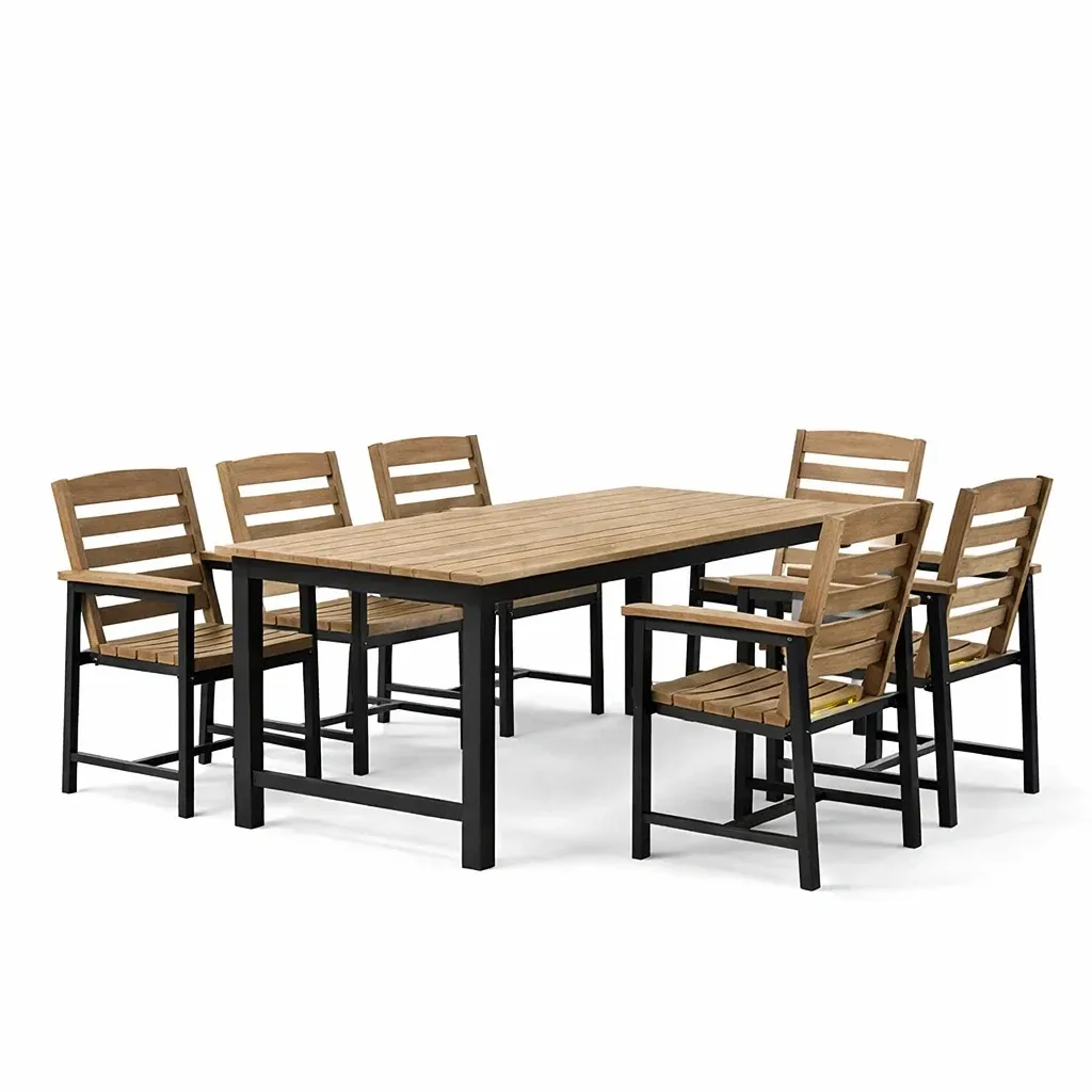 Set tavolo e sedie in Legno di Acacia e Acciaio Marrone e Nero Sette Pezzi-COZYNESTZ