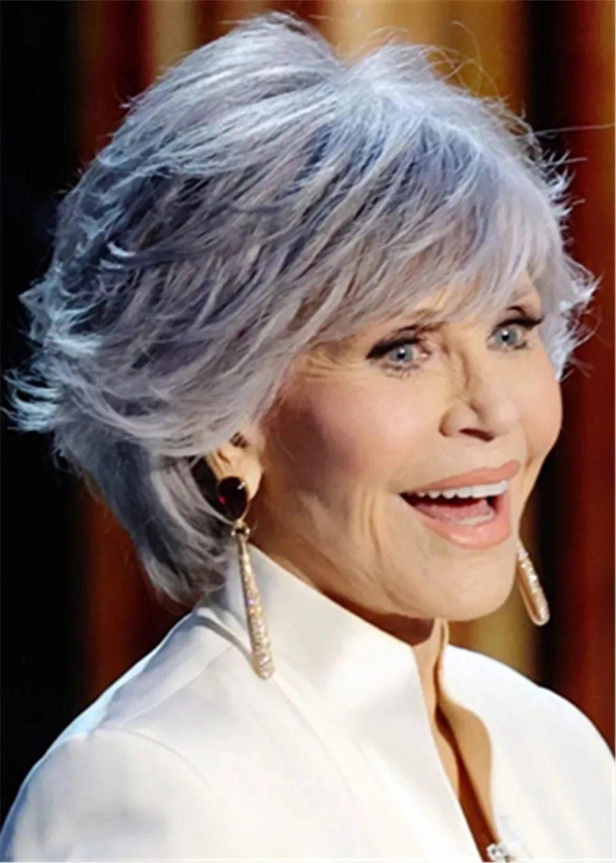 Jane Fonda Hairstyle Women's Wavy Gray Human Hair With Bangs Capless Wigs 14Inch