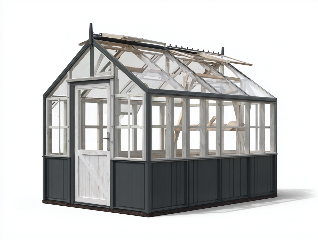 Invernaderos - aluminio-vidrio-madera - 295x205x255 cm - gris oscuro/blanco - diseño rústico-Denmybase