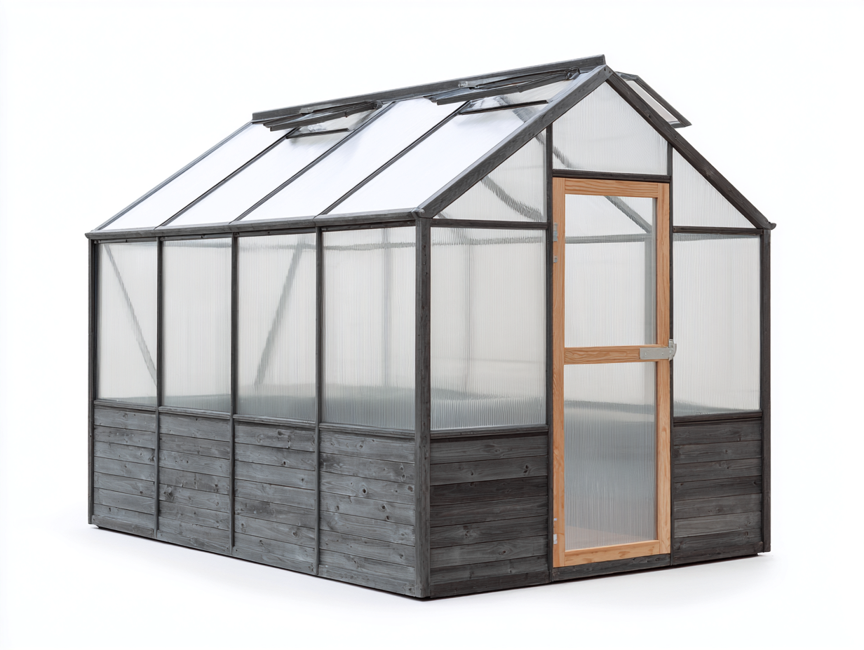 Invernaderos - aluminio-policarbonato-madera - 278x198x248 cm - gris oscuro/madera natural - diseño práctico-Denmybase