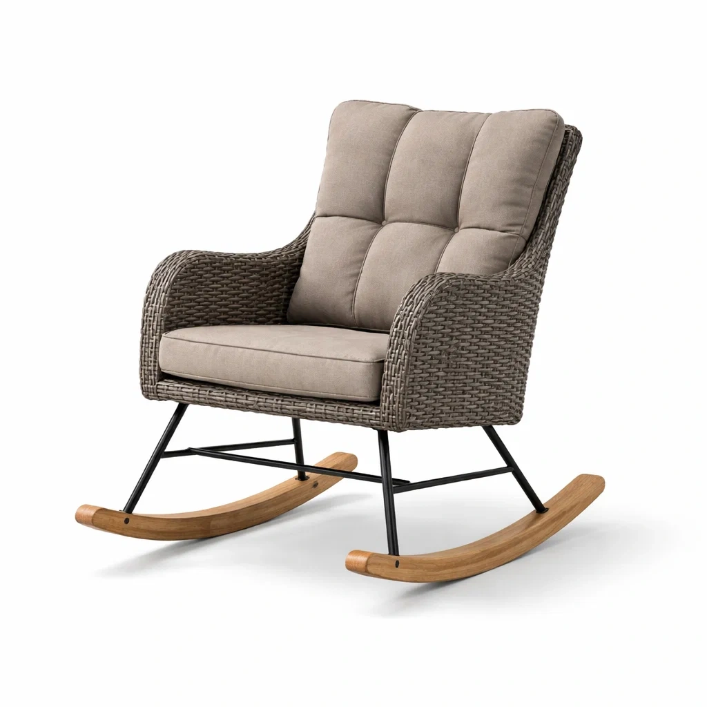 Chaise à bascule en rotin synthétique gris avec coussins polyester beige et bois d'acacia-COZYLEAFZ