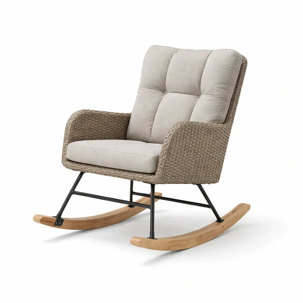 Chaise à bascule en osier synthétique beige avec coussins en polyester-COZYLEAFZ