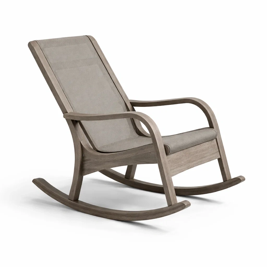 Chaise à bascule en bois et tissu couleur taupe-COZYLEAFZ