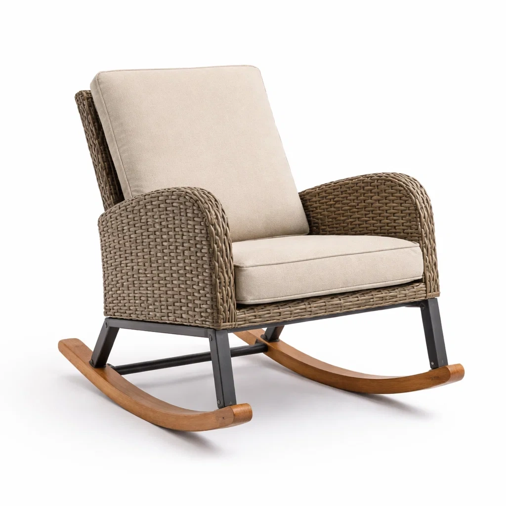 Chaise à bascule en résine tressée avec cadre en métal et bois, coussins en tissu beige-COZYLEAFZ