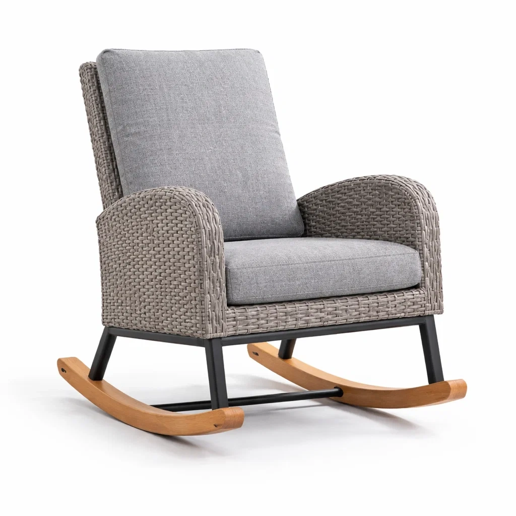 Chaise à bascule en rotin synthétique gris avec coussins en tissu polyester-COZYLEAFZ