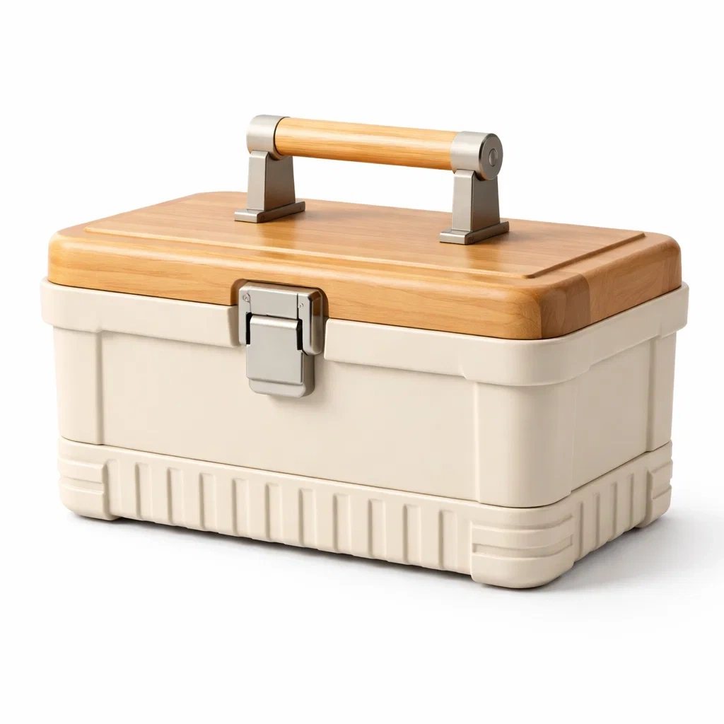 Boîte à outils rectangulaire en plastique beige avec couvercle en bois-COZYLEAFZ