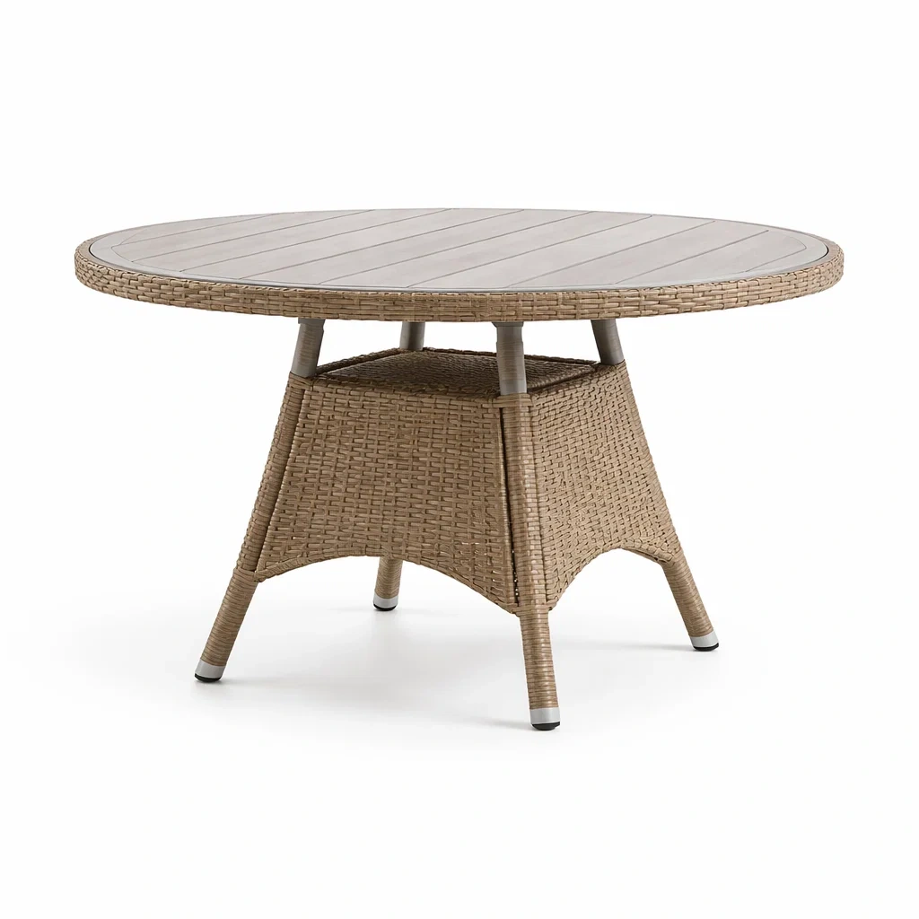 Table ronde d'extérieur en résine tressée et bois composite-COZYLEAFZ