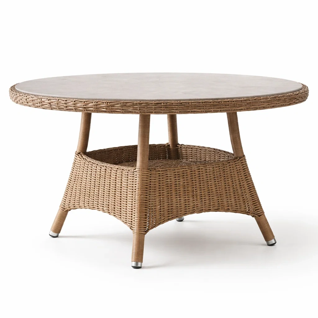 Table ronde en résine tressée brun plateau en verre trempé-COZYLEAFZ