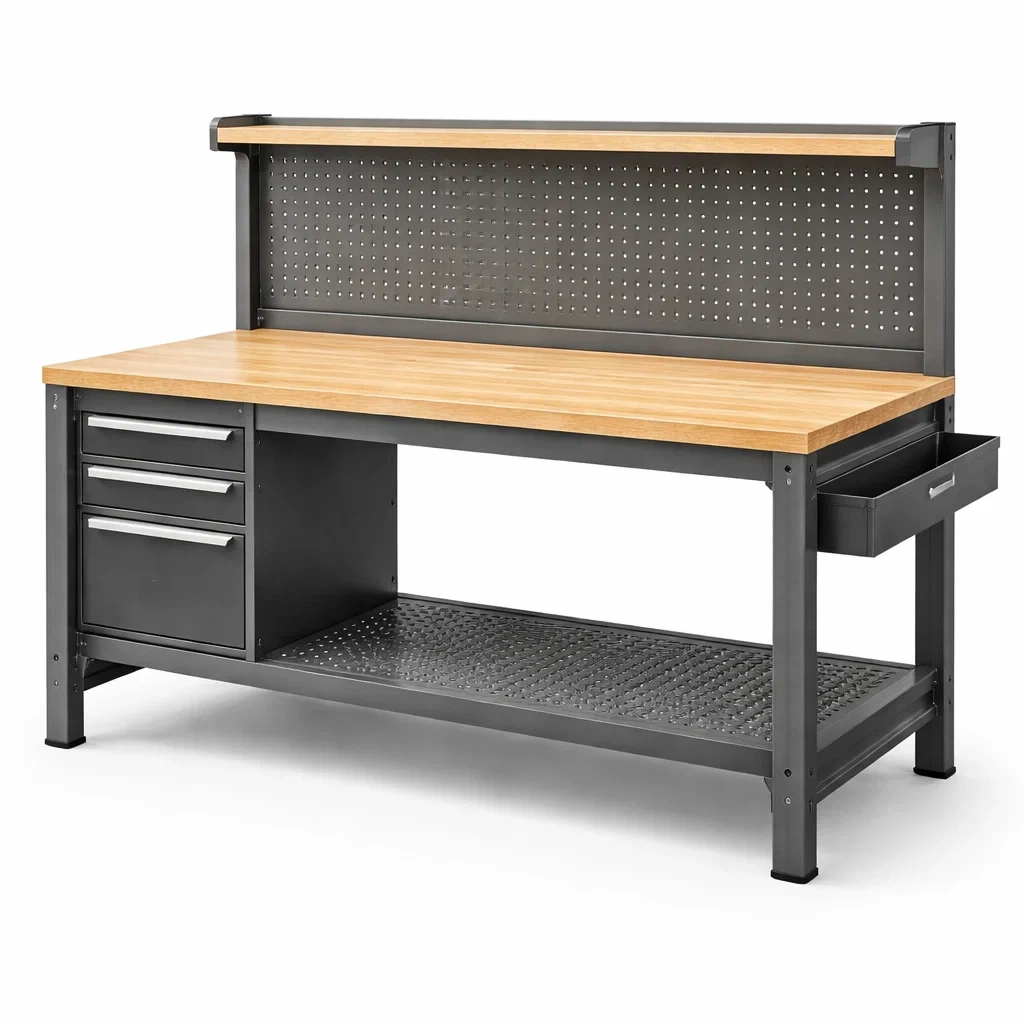 Établi en métal avec plateau en bois massif et tiroirs-COZYLEAFZ