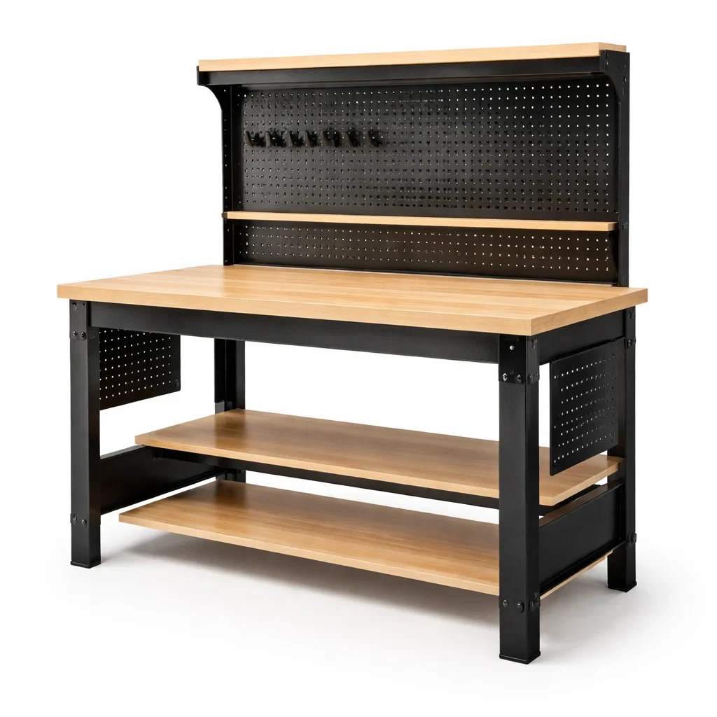 Établi en bois et acier avec panneaux perforés et étagères 150x60x150 cm-COZYLEAFZ