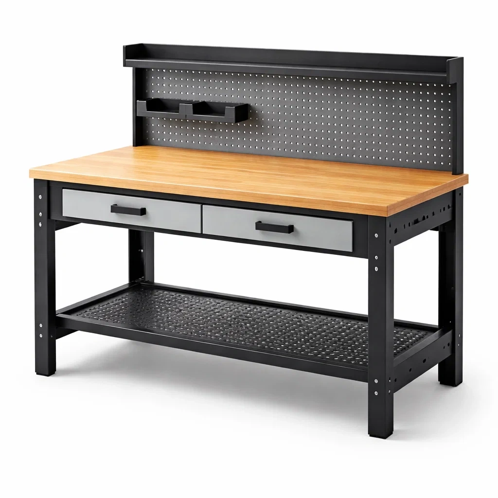 Établi en bois massif et métal noir avec 2 tiroirs-COZYLEAFZ