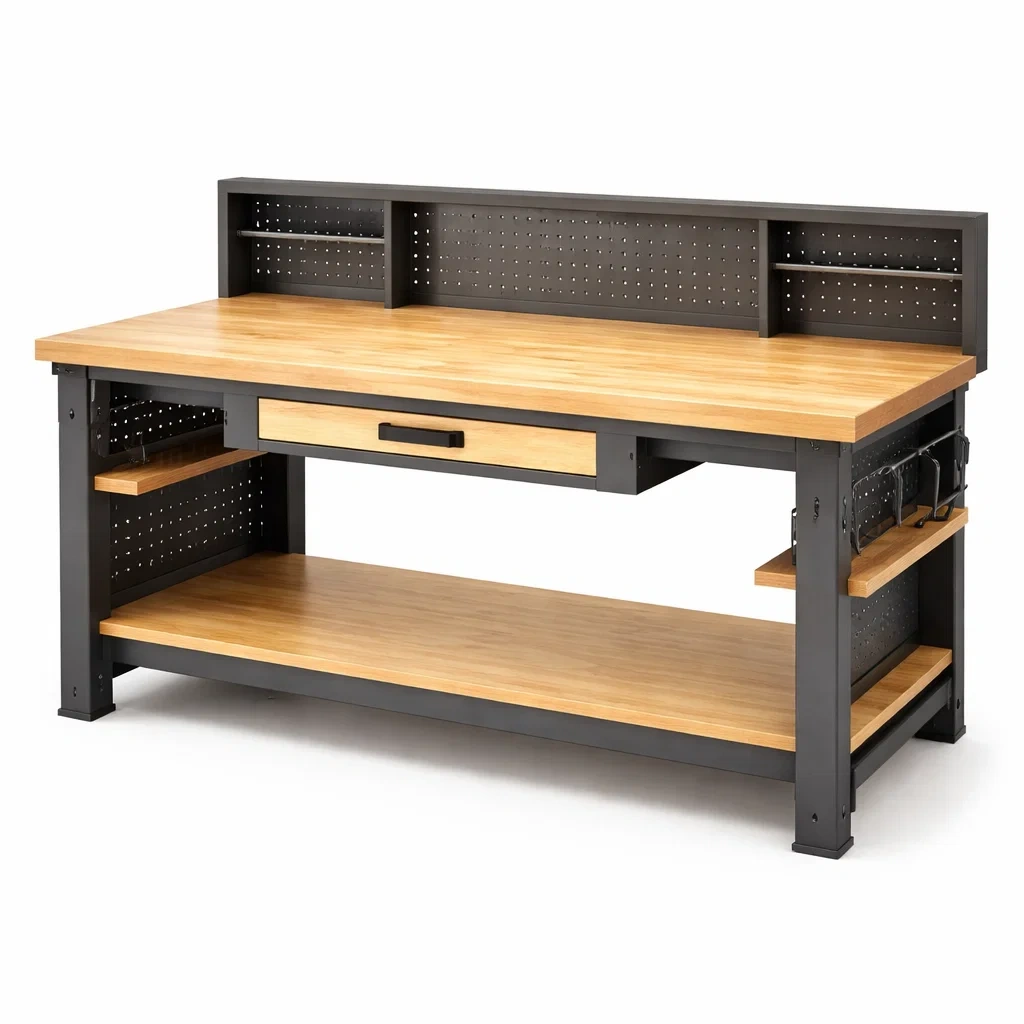 Établi en métal et bois avec tiroir et étagères-COZYLEAFZ