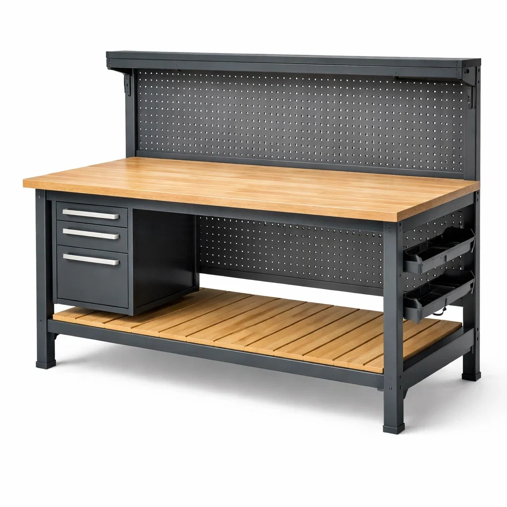 Établi de bricolage en acier et bois avec 3 tiroirs 150x60x150 cm-COZYLEAFZ