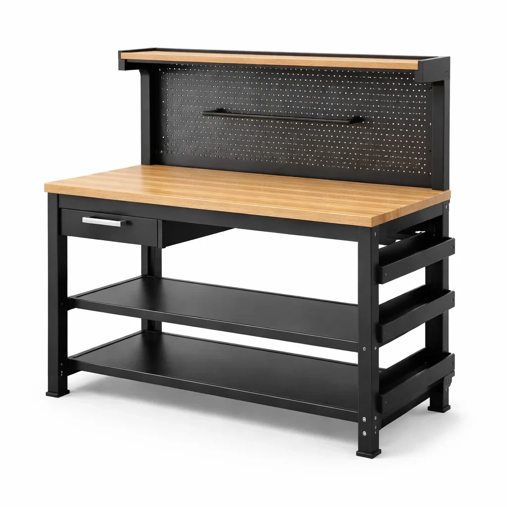 Établi de travail en bois et métal noir avec étagères et tiroir 120x60x150 cm-COZYLEAFZ