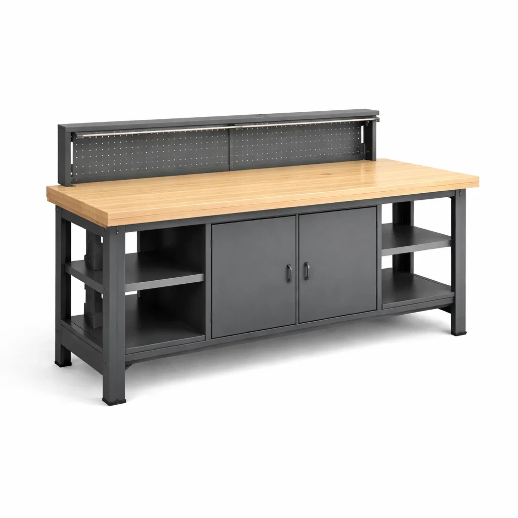 Établi en bois et métal noir avec étagères et portes 183x76x92 cm-COZYLEAFZ