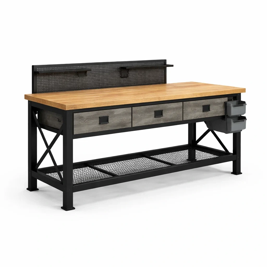 Établi en bois et métal avec 3 tiroirs et boîtes de rangement-COZYLEAFZ