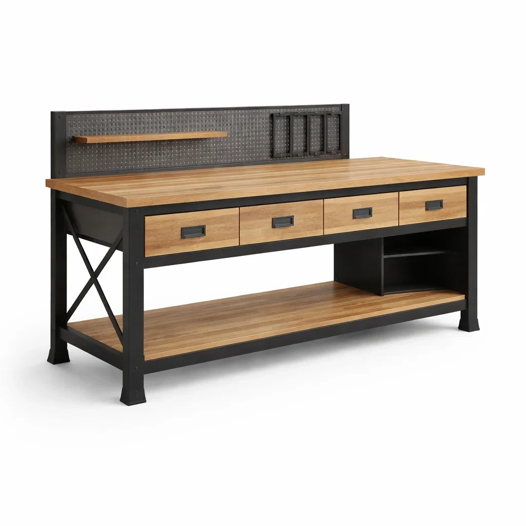 Établi de travail en bois et métal avec tiroirs et étagère 200x80x95 cm-COZYLEAFZ