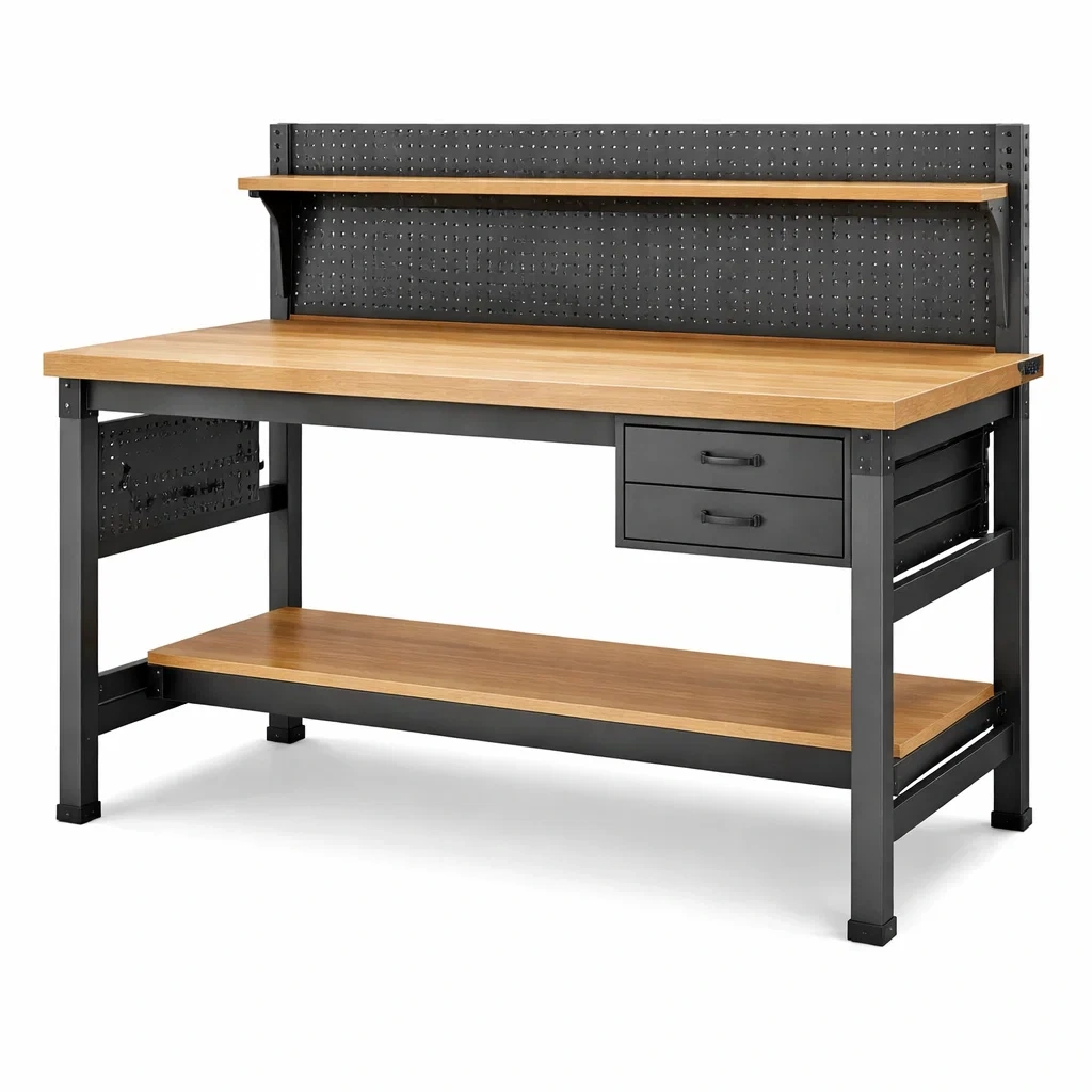 Établi métallique avec plateau en bois et rangement intégré-COZYLEAFZ