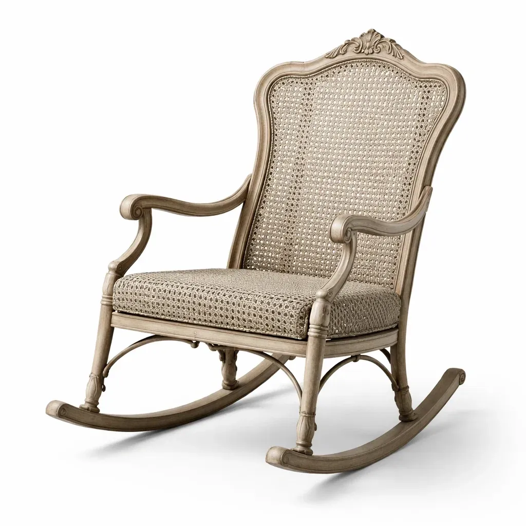 Chaise à bascule en bois et rotin beige-Zenpatchz