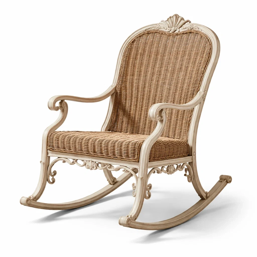 Chaise à bascule en rotin et bois sculpté-Zenpatchz