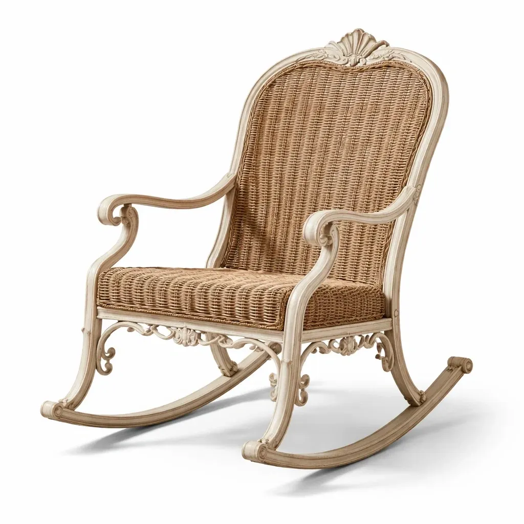 Chaise à bascule en rotin et bois sculpté-Zenpatchz