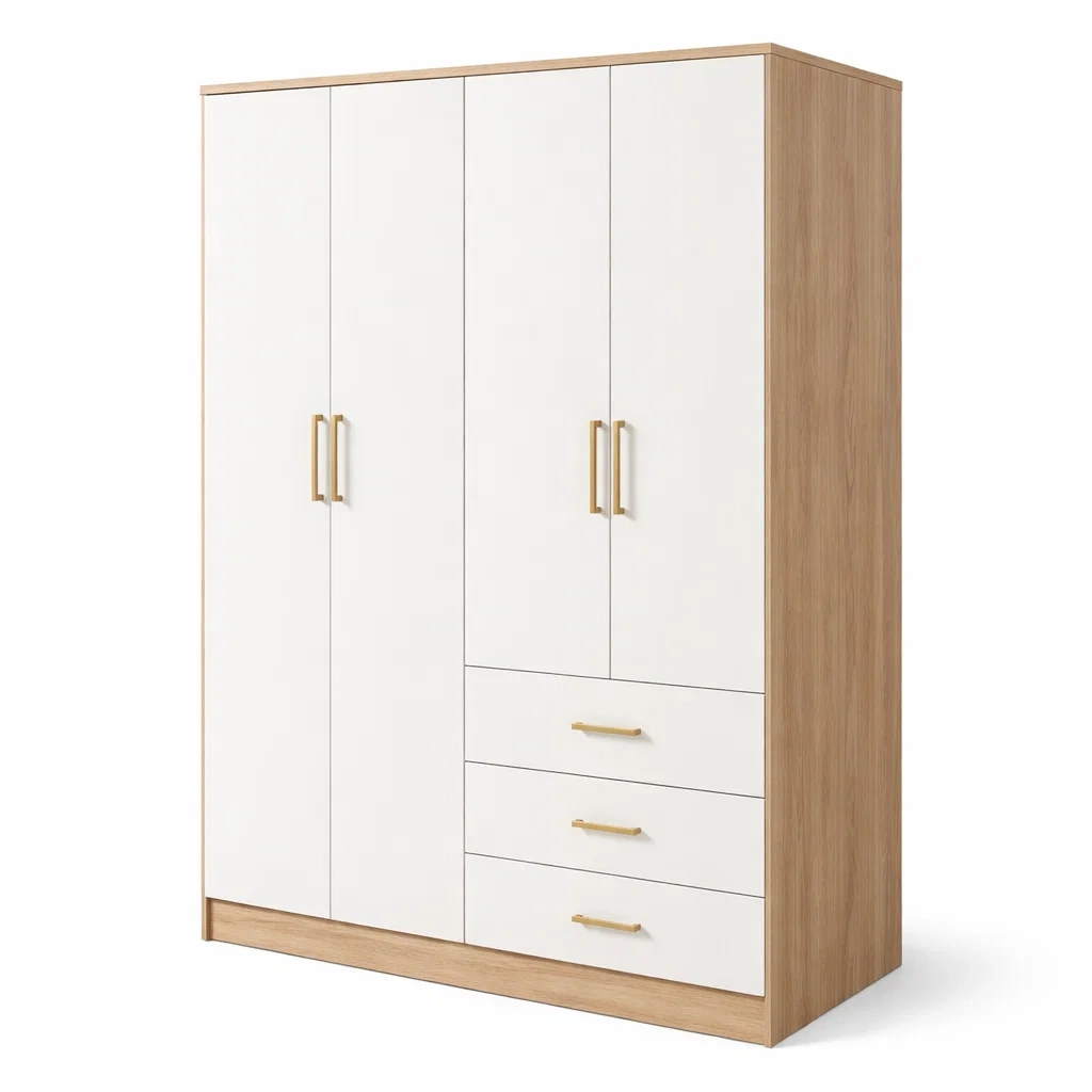 Armoire 4 portes en panneaux de particules et mélamine blanc et chêne avec 3 tiroirs-Zenpatchz