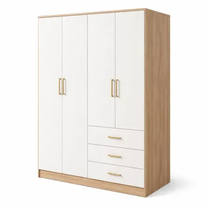 Armoire 4 portes en panneaux de particules et mélamine blanc et chêne avec 3 tiroirs-Zenpatchz
