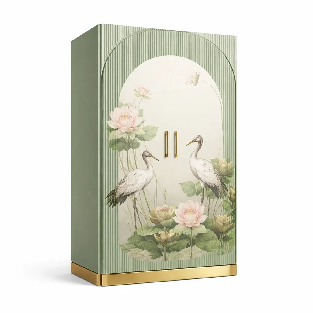Armoire en bois vert et doré avec motif oiseau et fleurs-Zenpatchz