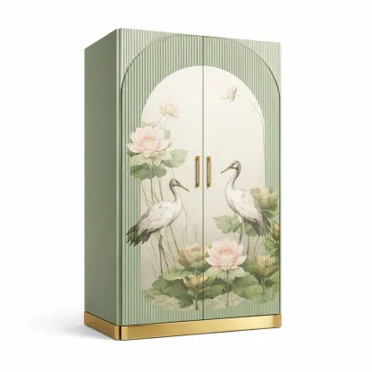 Armoire en bois vert et doré avec motif oiseau et fleurs-Zenpatchz