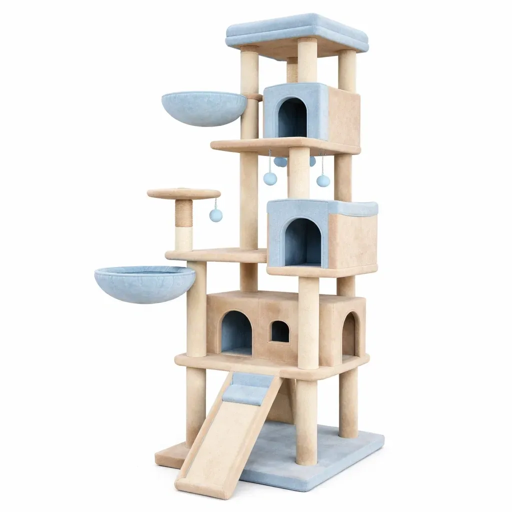 Arbre à chat en bois et peluche beige et bleu-Zenpatchz