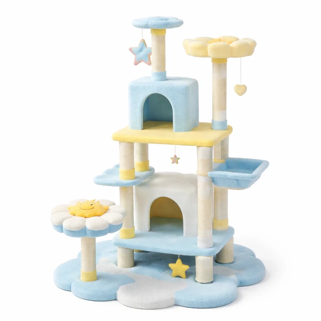 Arbre à chat en peluche bleu et jaune-Zenpatchz